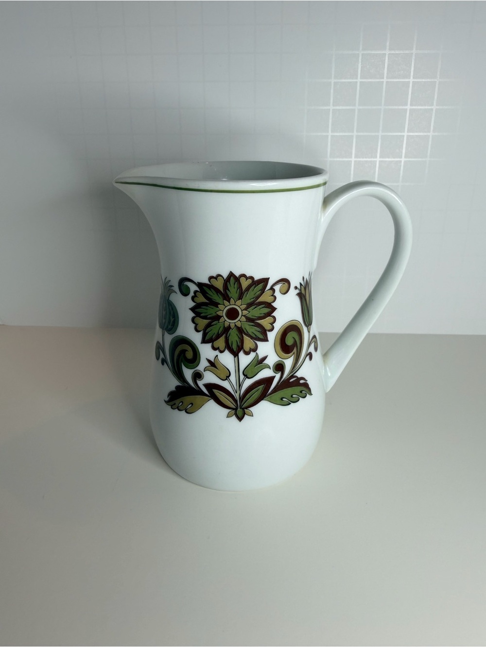 Vintage Noritake White Ceramic Pitcher with Green and Brown Floral Motif